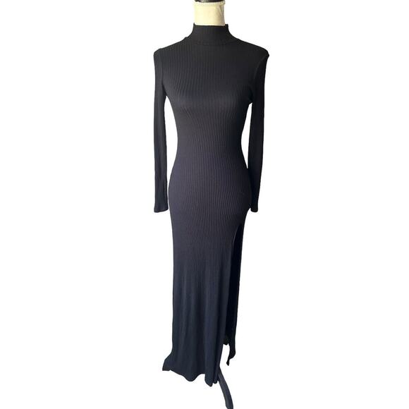 Reformation Albee Black Ribbed Long Sleeve Mock Neck Maxi Dress Side Slit - XS - Picture 2 of 11